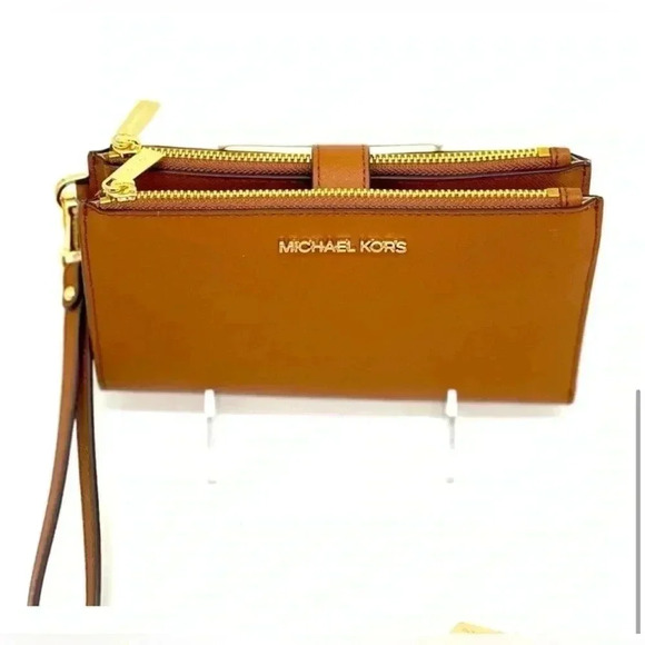Michael Kors Double Zip Wallet Wristlet Luggage Brown - Picture 1 of 11